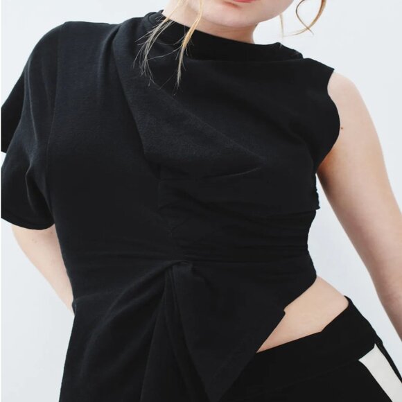 A.W.A.K.E. Mode Knotted Jersey Top Black Asymmetrical Short Sleeve Crop Medium M - Picture 2 of 8
